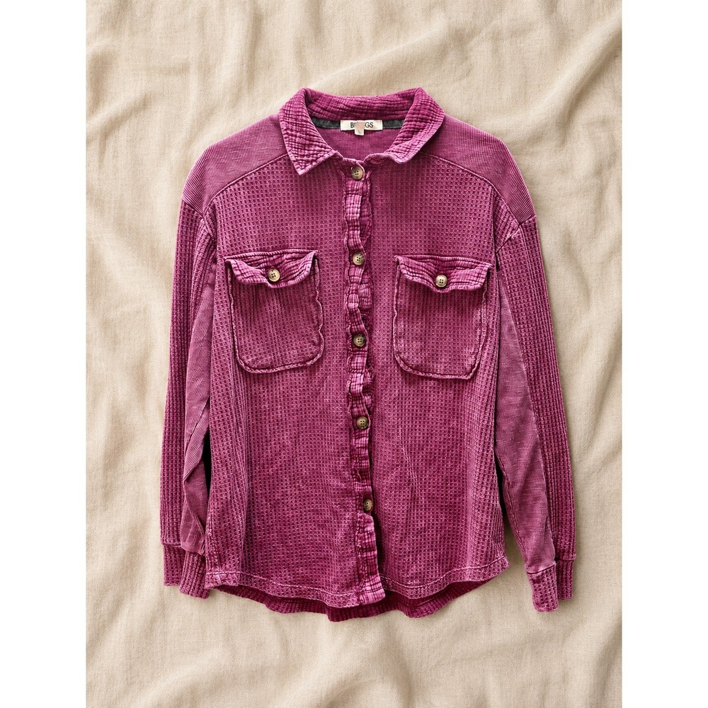 Boho Grunge Waffle Knit Button Up Shirt Pink Bright Long Sleeve Oversized Sz M